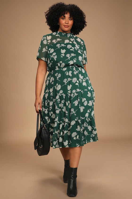 Dark Green Floral Print Dress - Midi ...
